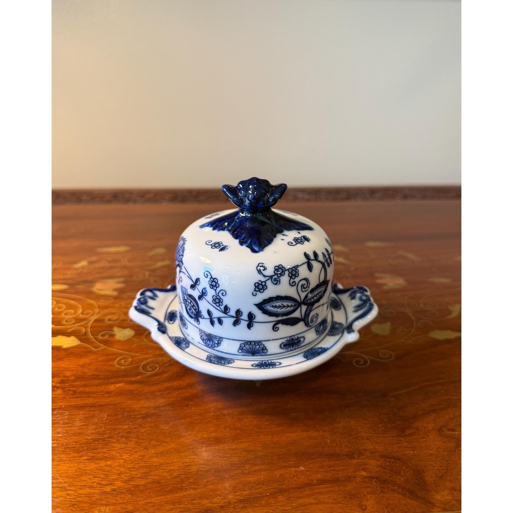 Vintage Brandenburg Butter Dish • Blue & White Porcelain Floral Covered Dish